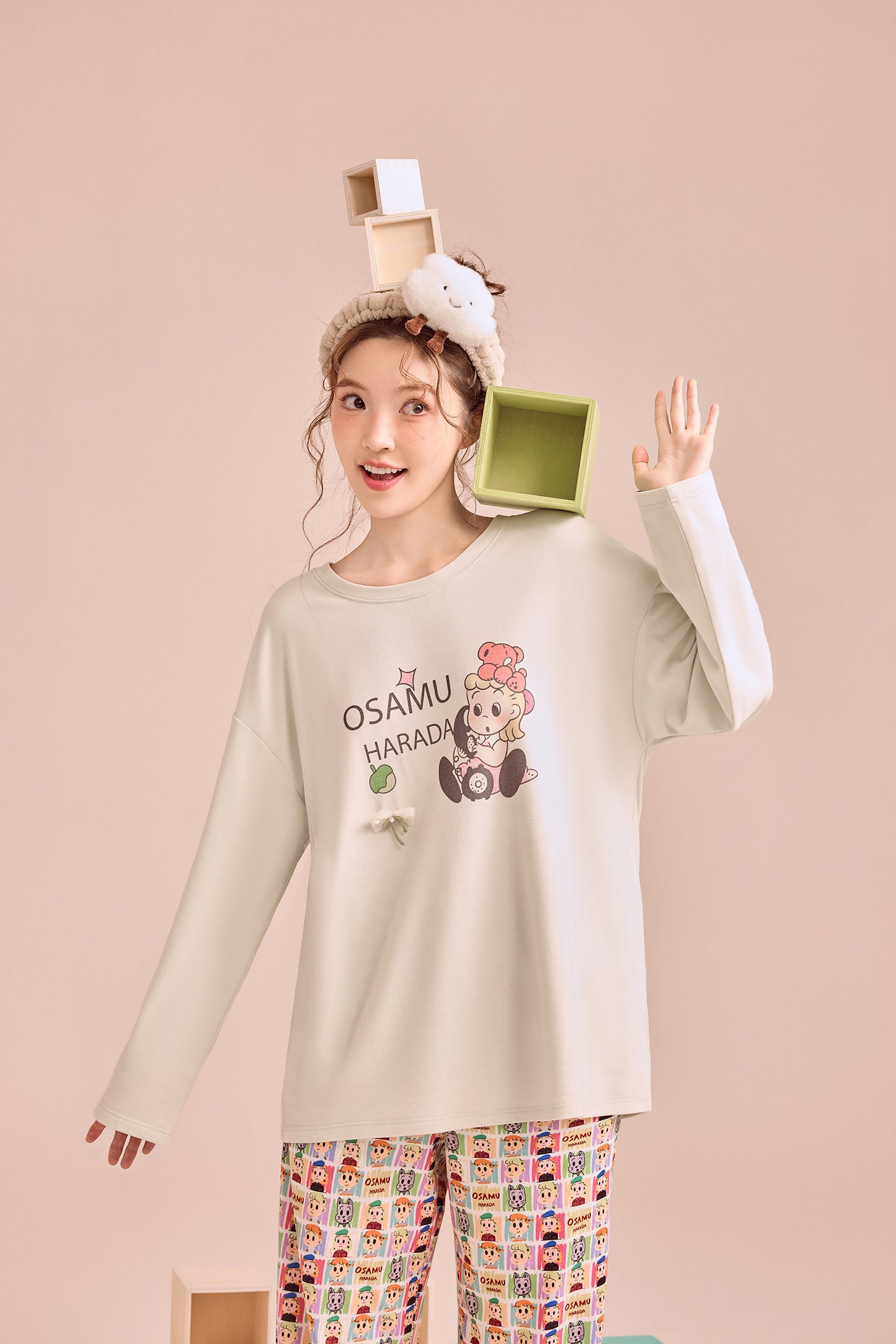 Soft Green Cartoon Patchwork Pyjama Set – Playful Graphic Nightwear
