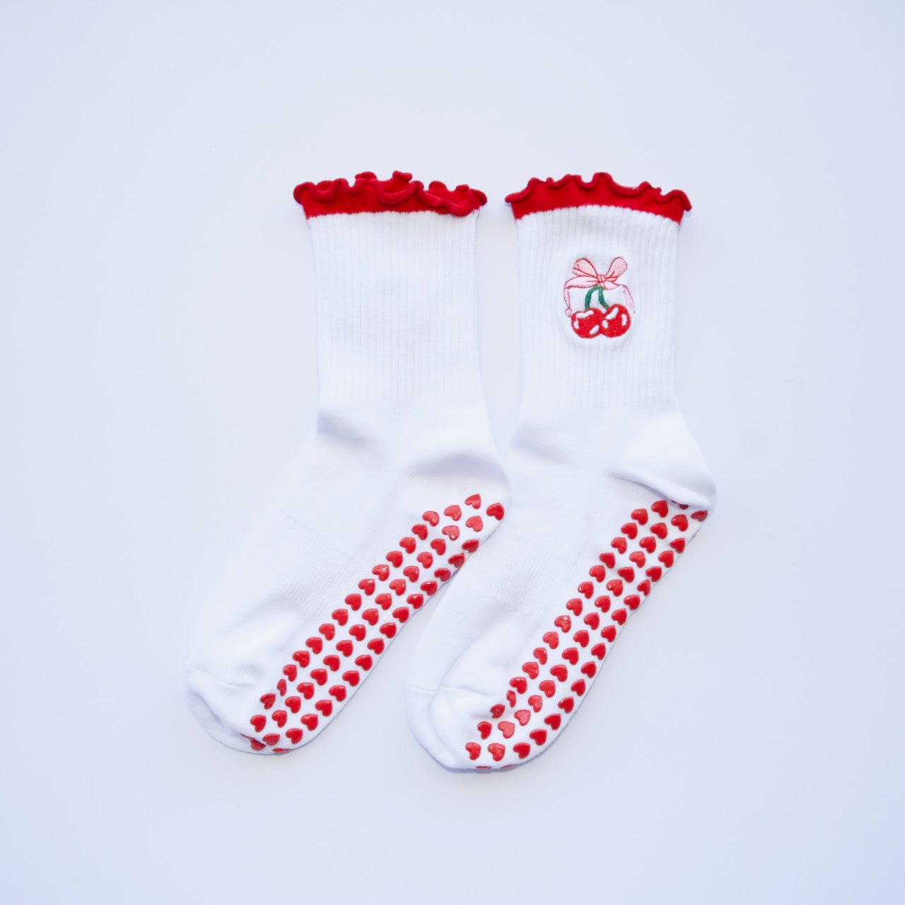 Cute Cherry Pop grip socks - White with Red Ruffle Trim