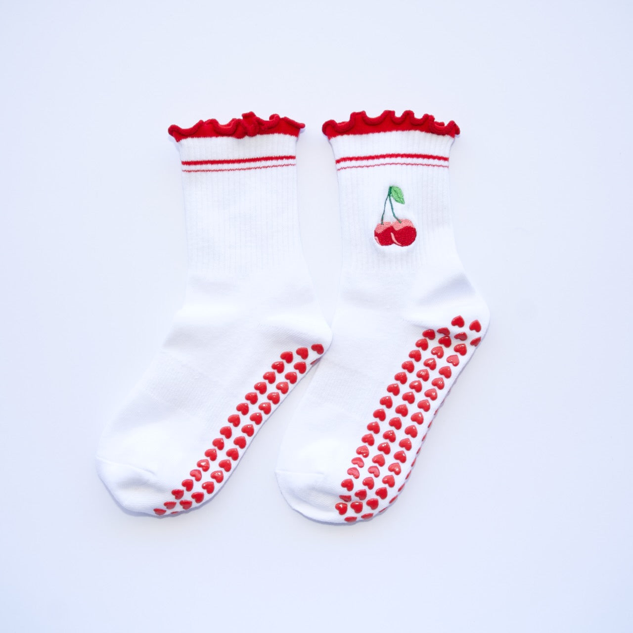 Cute Cheery Pop grip socks - White with Sporty Stripes and Ruffle Trim
