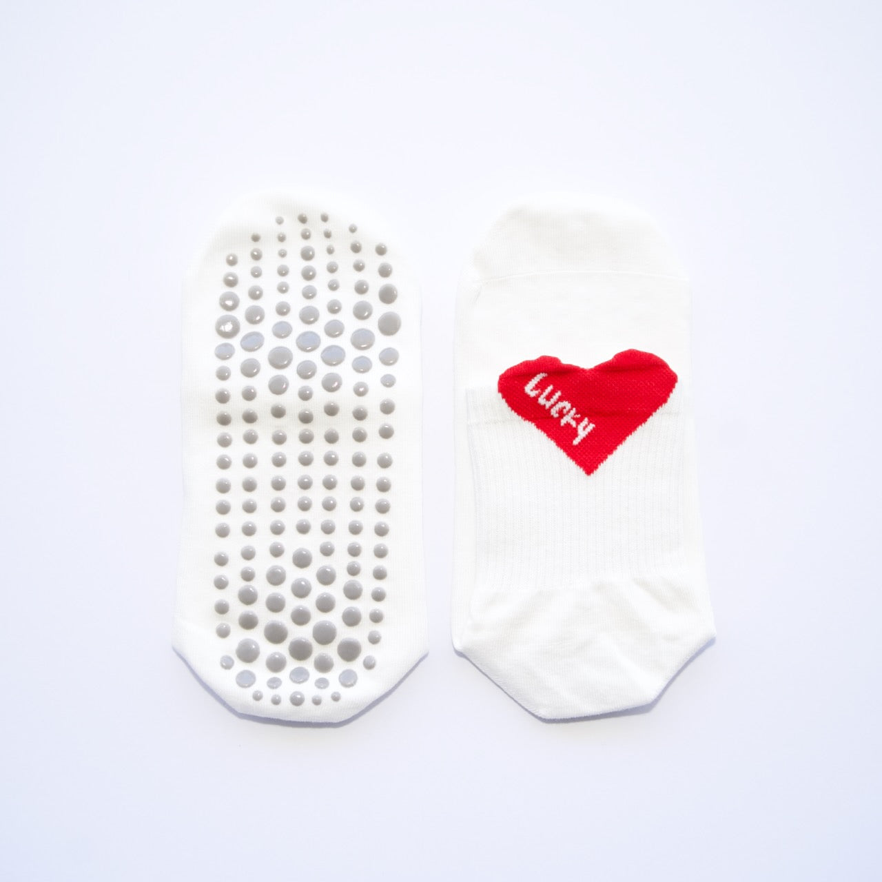 Lucky Heart Grip Socks – White with Red Heart