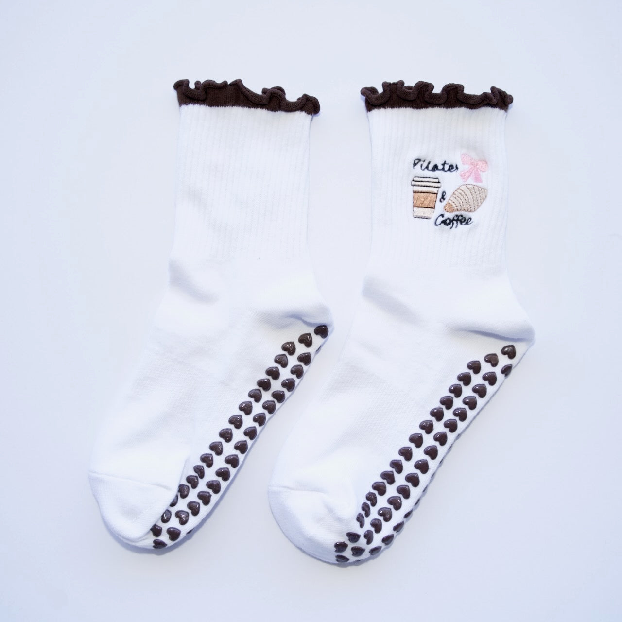 Cute Pilates grip socks - White with Brown Ruffle Trim