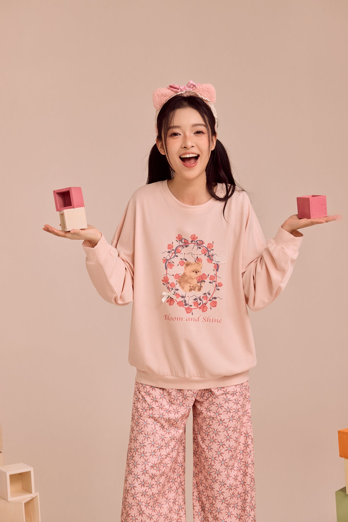 Milk tea pink floral teddy bear Pajama set - Relaxed Fit nightwear
