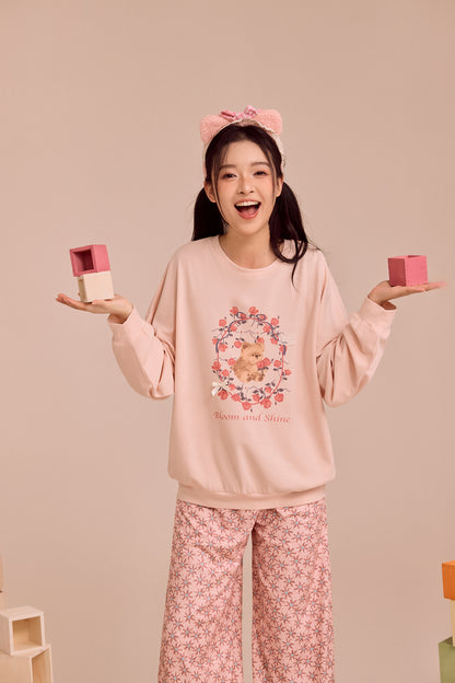 Milk tea pink floral teddy bear Pajama set - Relaxed Fit nightwear