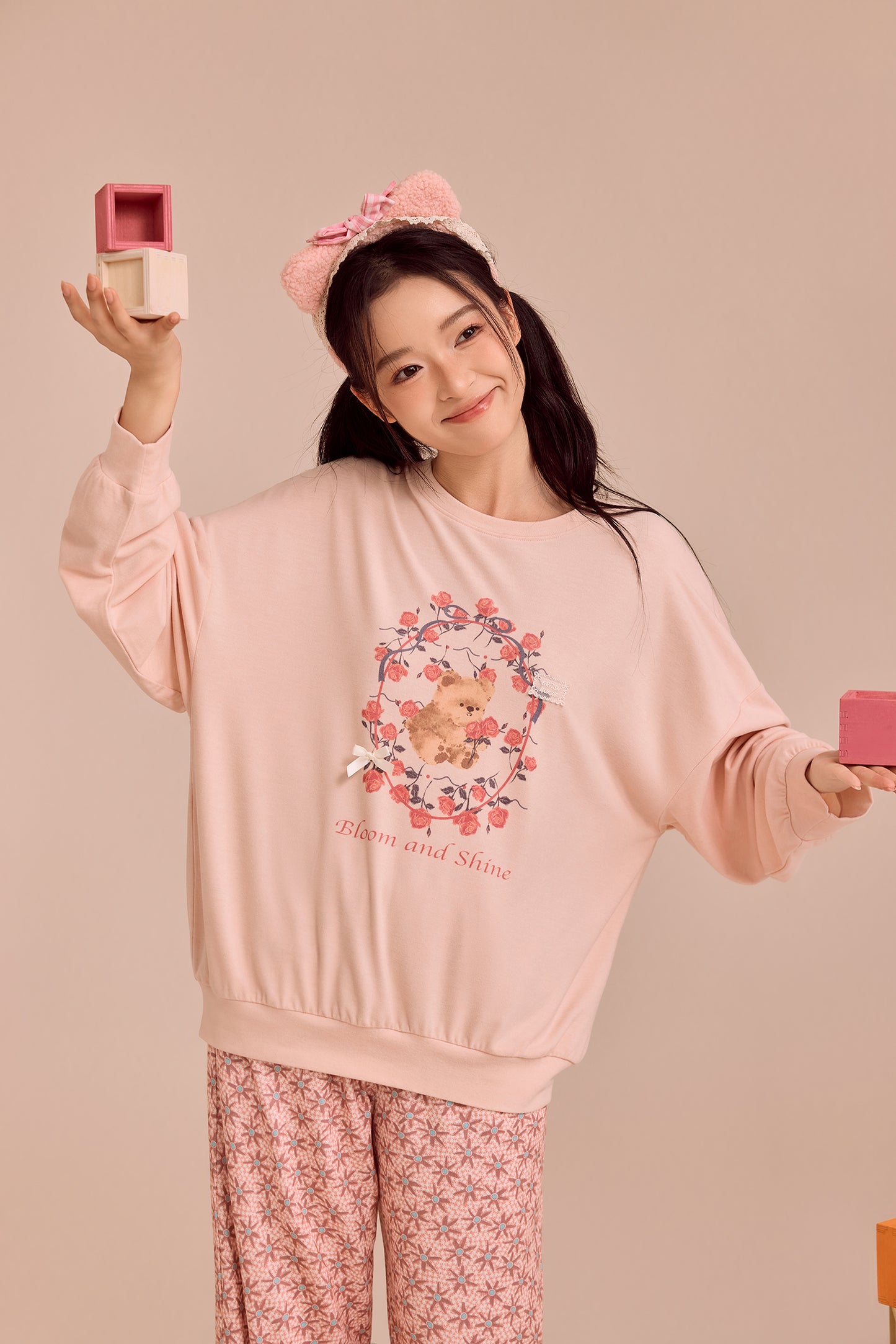 Milk tea pink floral teddy bear Pajama set - Relaxed Fit nightwear