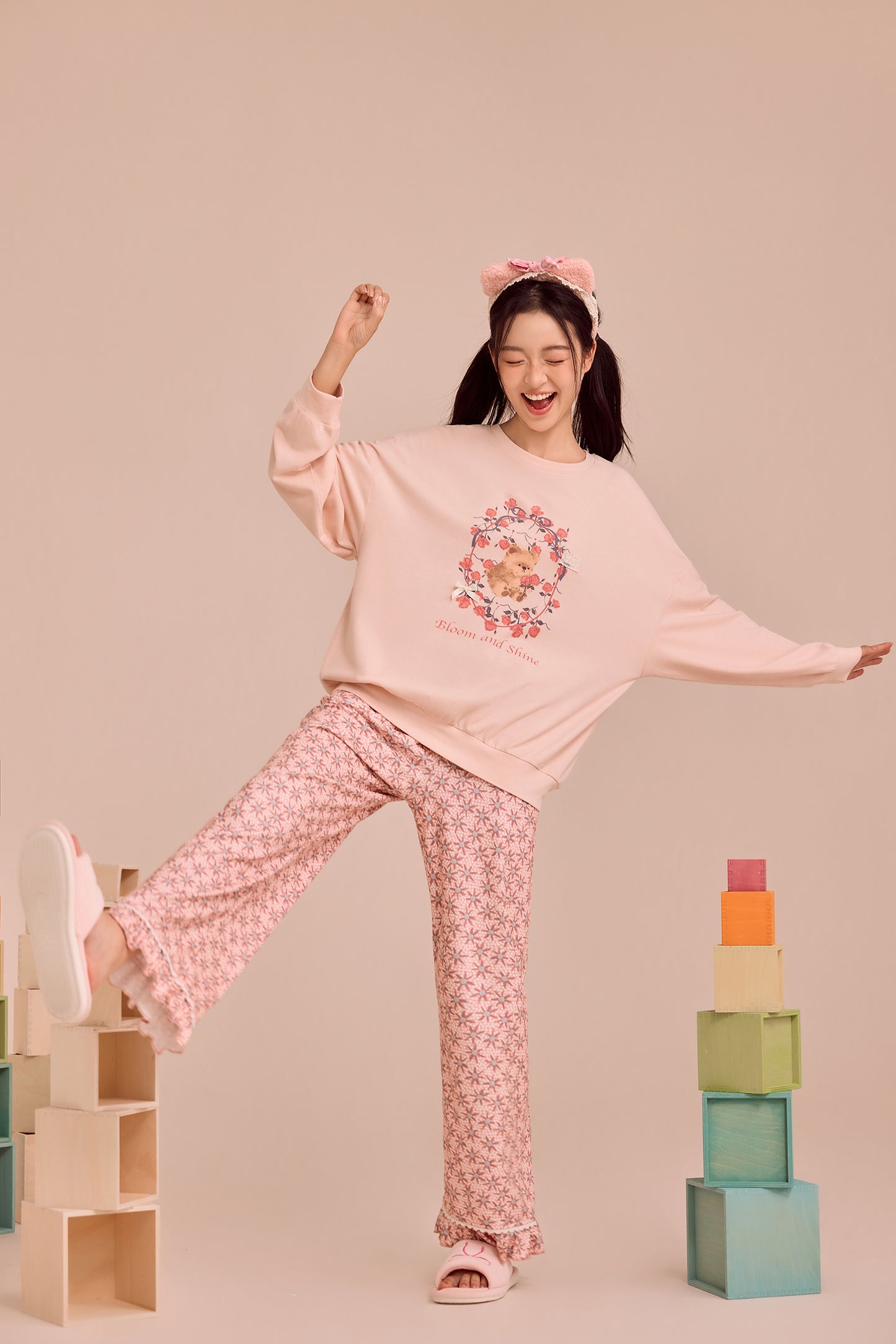 Milk tea pink floral teddy bear Pajama set - Relaxed Fit nightwear