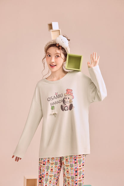 Soft Green Cartoon Patchwork Pyjama Set – Playful Graphic Nightwear