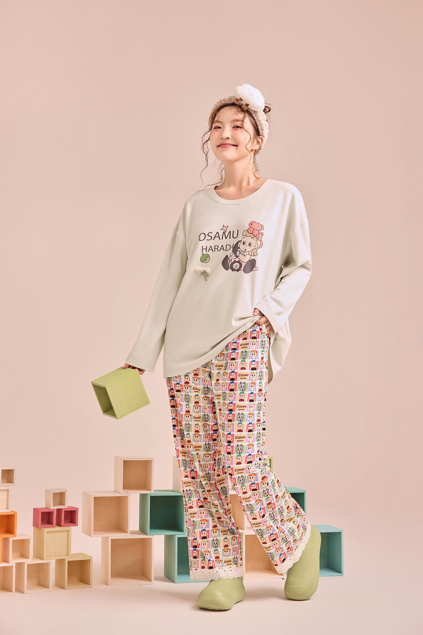 Soft Green Cartoon Patchwork Pyjama Set – Playful Graphic Nightwear