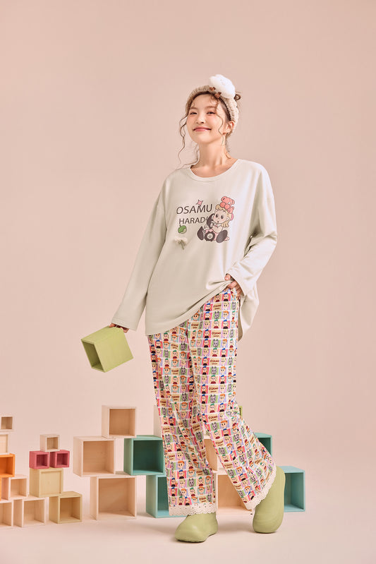 Soft Green Cartoon Patchwork Pyjama Set – Playful Graphic Nightwear