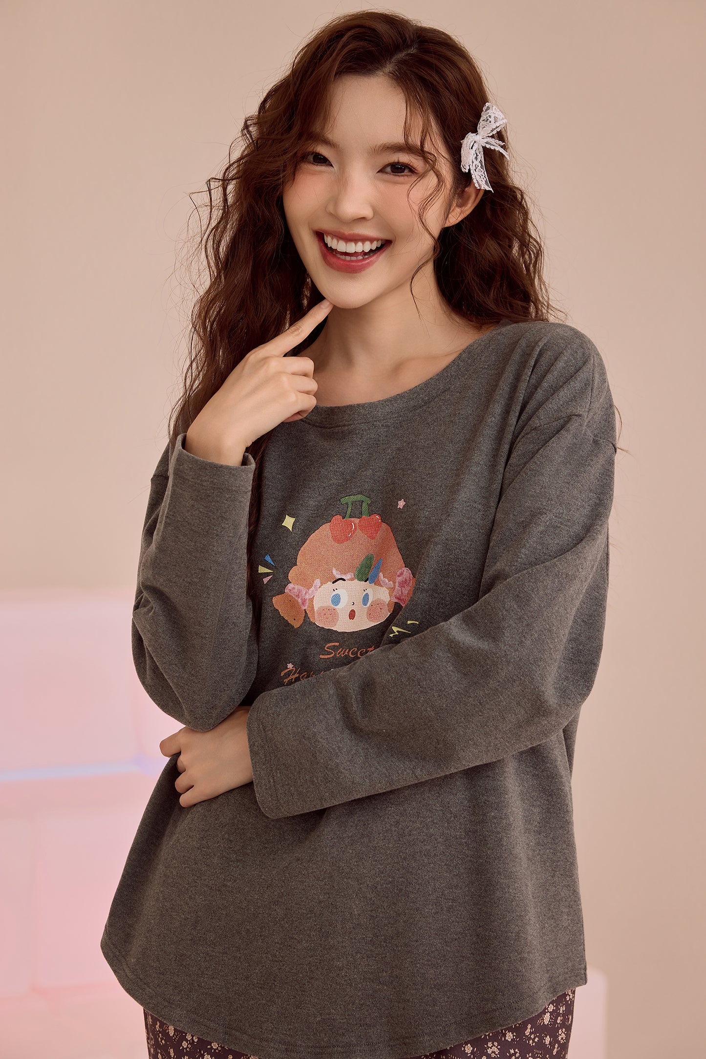 Charcoal Doll & Floral Pyjama Set – Cozy Two-Piece Nightwear