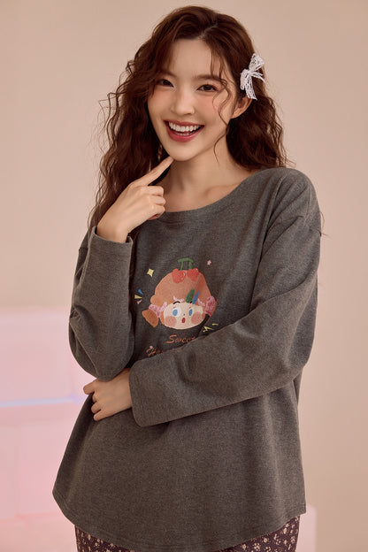 Charcoal Doll & Floral Pyjama Set – Cozy Two-Piece Nightwear