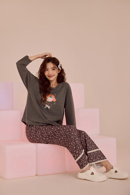 Charcoal Doll & Floral Pyjama Set – Cozy Two-Piece Nightwear
