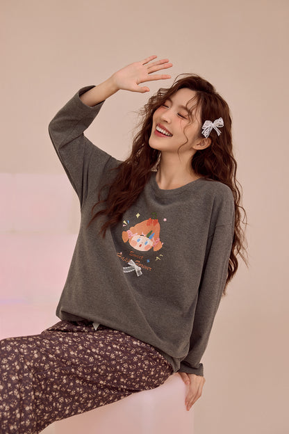 Charcoal Doll & Floral Pyjama Set – Cozy Two-Piece Nightwear