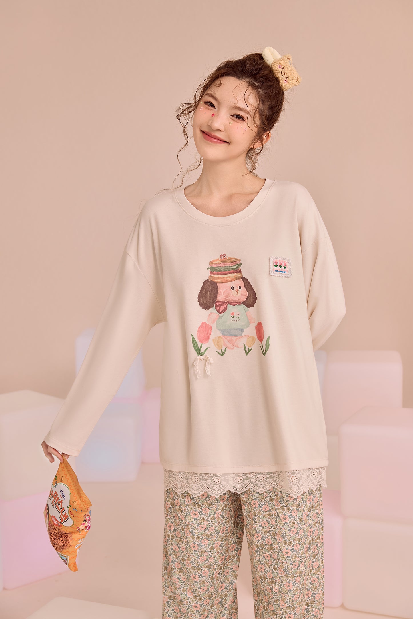 Cream Puppy Garden Pyjama Set – Sweet Lace-Trim Nightwear