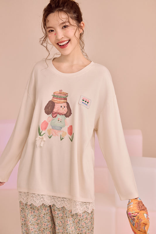 Cream Puppy Garden Pyjama Set – Sweet Lace-Trim Nightwear