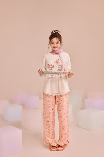 Cream Happy Cats Pajama Set - Sweet Lace Trim Nightwear