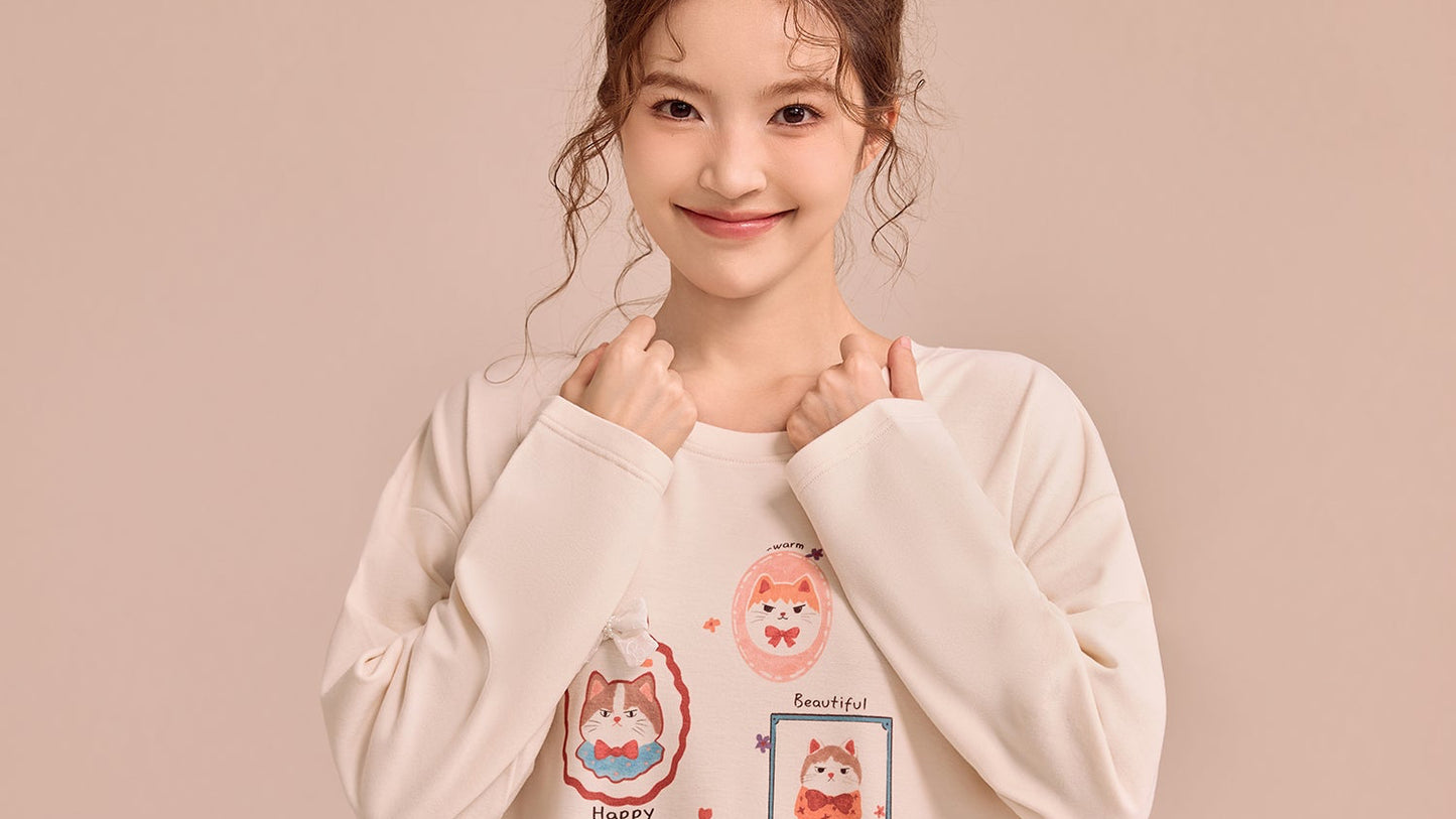 Cream Happy Cats Pajama Set - Sweet Lace Trim Nightwear