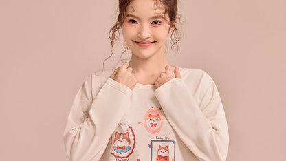 Cream Happy Cats Pajama Set - Sweet Lace Trim Nightwear