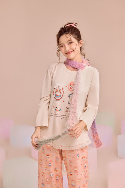 Cream Happy Cats Pajama Set - Sweet Lace Trim Nightwear