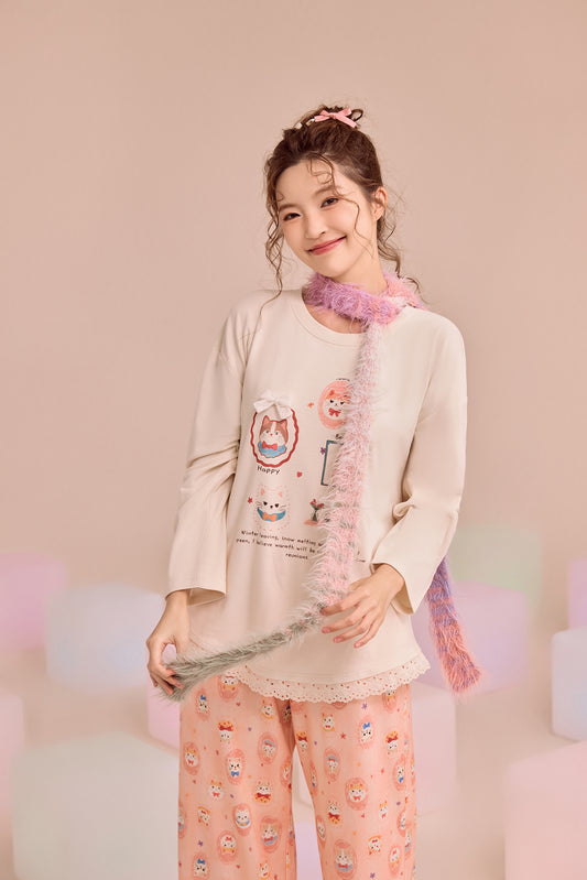 Cream Happy Cats Pajama Set - Sweet Lace Trim Nightwear