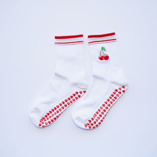 Cute Cherry Pop grip socks - White with Red Cuff