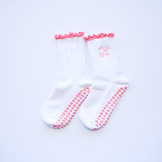 Cute Heart & Bow grip socks - White with Pink Trim