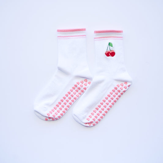 Cute Cherry Pop grip socks - White with Pink Cuff