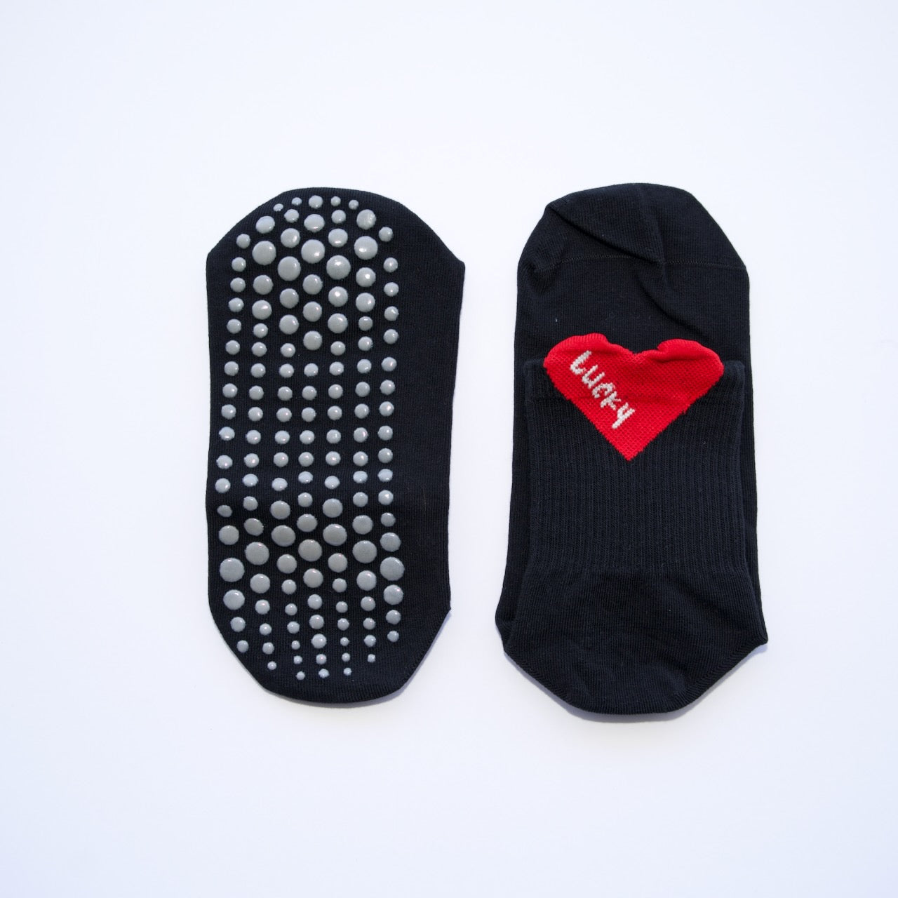 Lucky Heart Grip Socks – Black with Red Heart