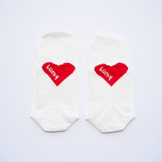 Lucky Heart Grip Socks – White with Red Heart