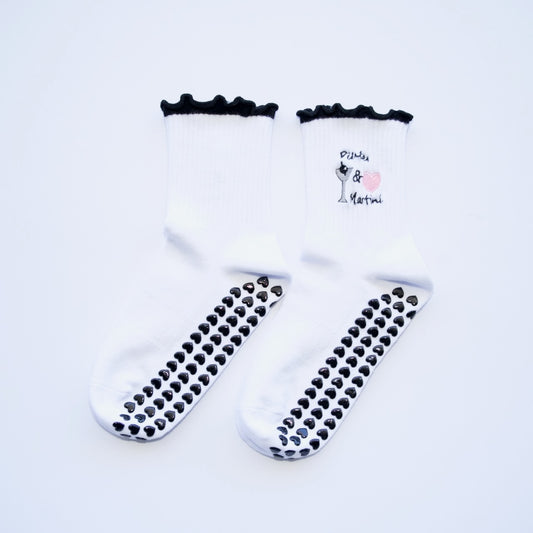 Cute Pilates grip socks - White with Black Ruffle Trim and Pink Heart