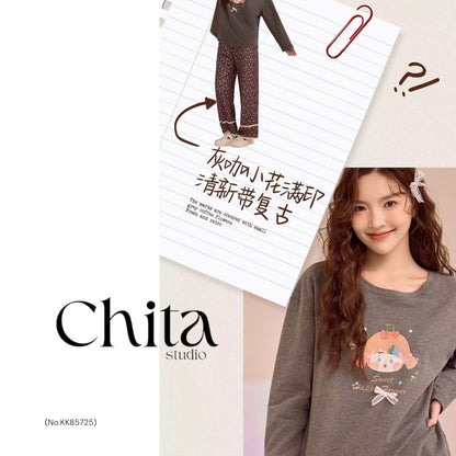 Charcoal Doll & Floral Pyjama Set – Cozy Two-Piece Nightwear