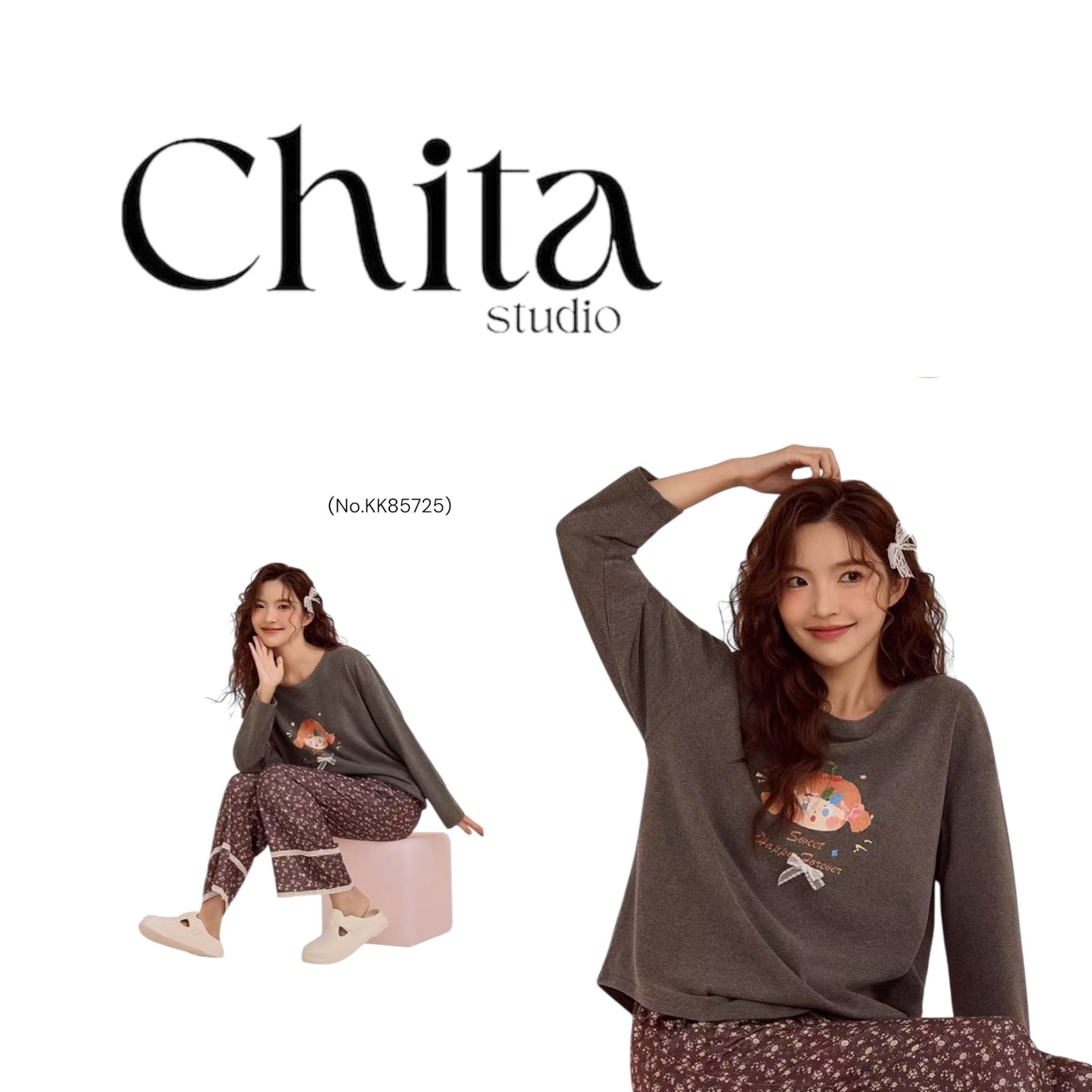 Charcoal Doll & Floral Pyjama Set – Cozy Two-Piece Nightwear