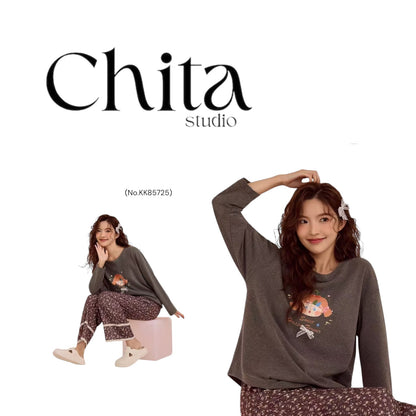 Charcoal Doll & Floral Pyjama Set – Cozy Two-Piece Nightwear