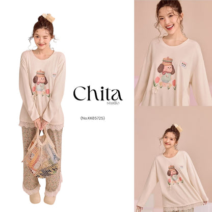 Cream Puppy Garden Pyjama Set – Sweet Lace-Trim Nightwear