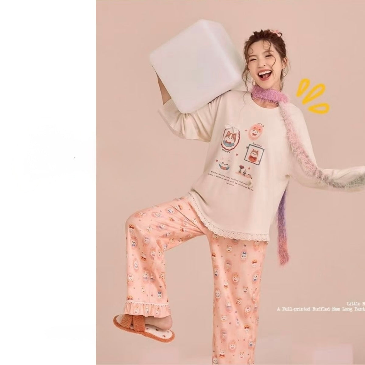 Cream Happy Cats Pajama Set - Sweet Lace Trim Nightwear