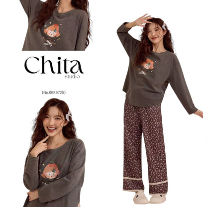 Charcoal Doll & Floral Pyjama Set – Cozy Two-Piece Nightwear