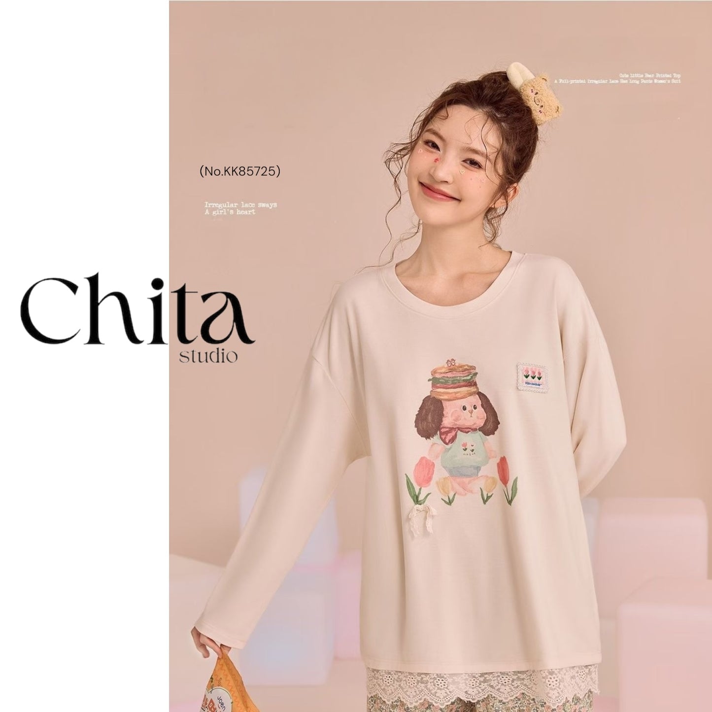 Cream Puppy Garden Pyjama Set – Sweet Lace-Trim Nightwear