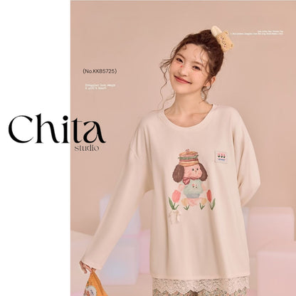 Cream Puppy Garden Pyjama Set – Sweet Lace-Trim Nightwear