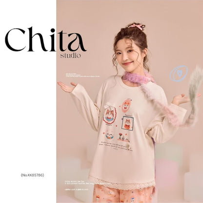 Cream Happy Cats Pajama Set - Sweet Lace Trim Nightwear