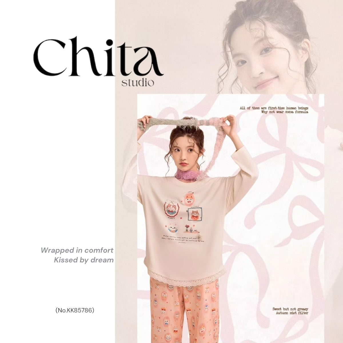 Cream Happy Cats Pajama Set - Sweet Lace Trim Nightwear