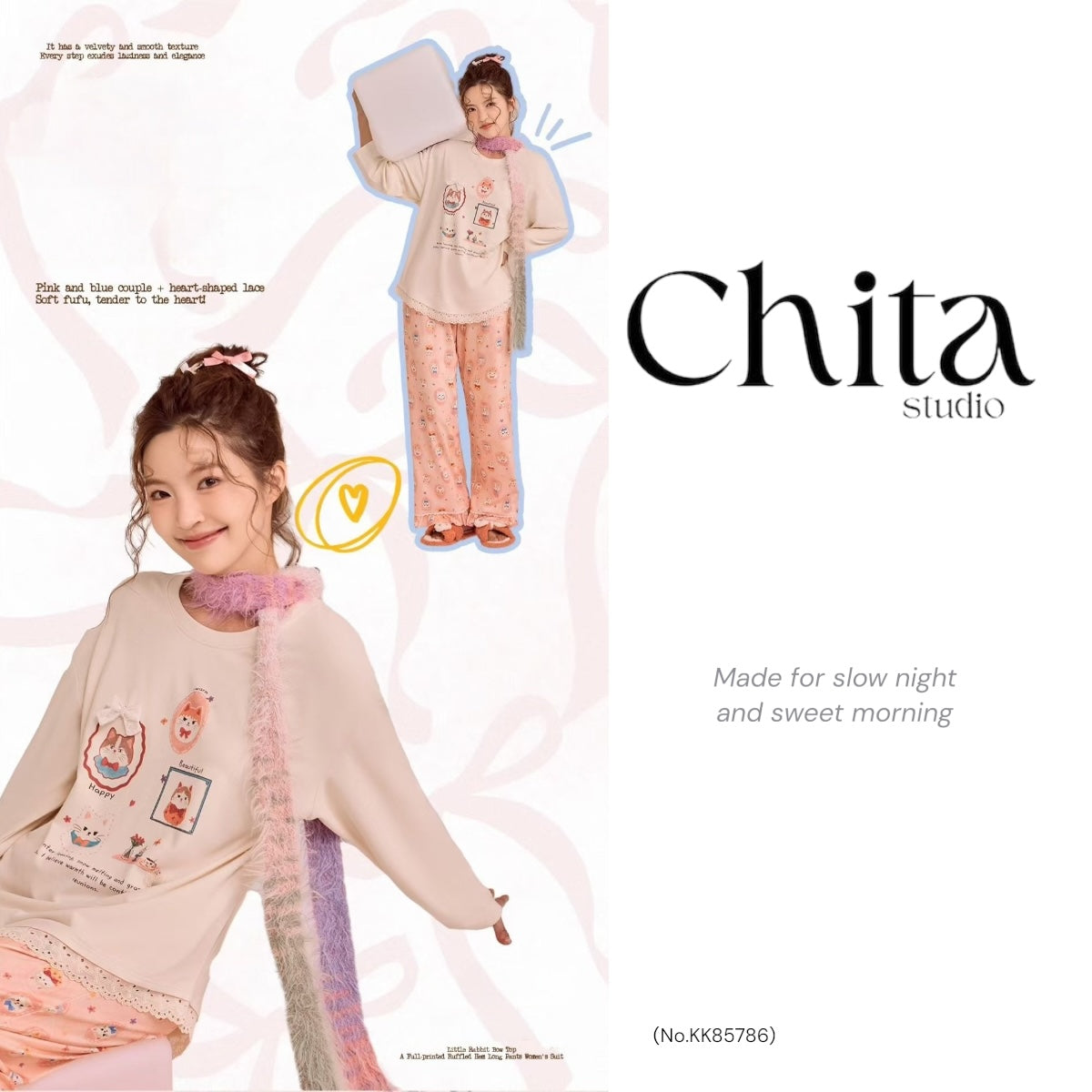 Cream Happy Cats Pajama Set - Sweet Lace Trim Nightwear