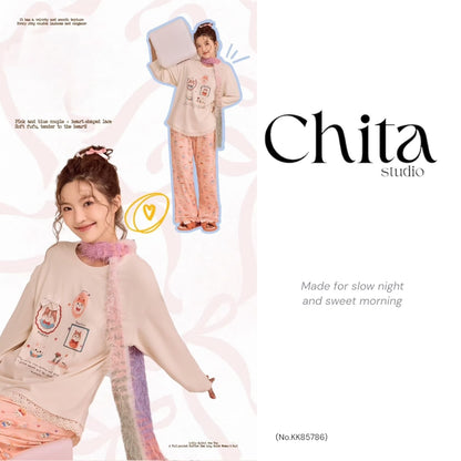 Cream Happy Cats Pajama Set - Sweet Lace Trim Nightwear