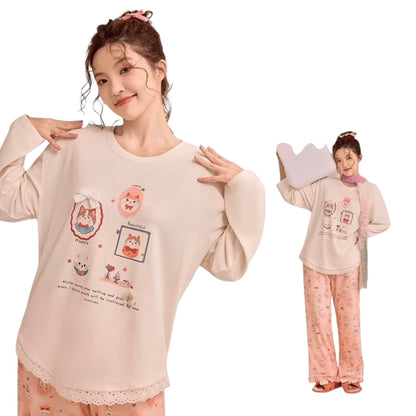 Cream Happy Cats Pajama Set - Sweet Lace Trim Nightwear