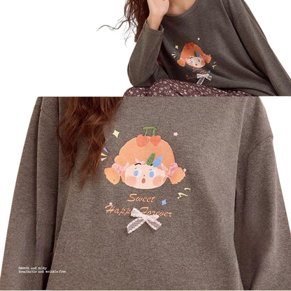 Charcoal Doll & Floral Pyjama Set – Cozy Two-Piece Nightwear