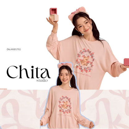 Milk tea pink floral teddy bear Pajama set - Relaxed Fit nightwear